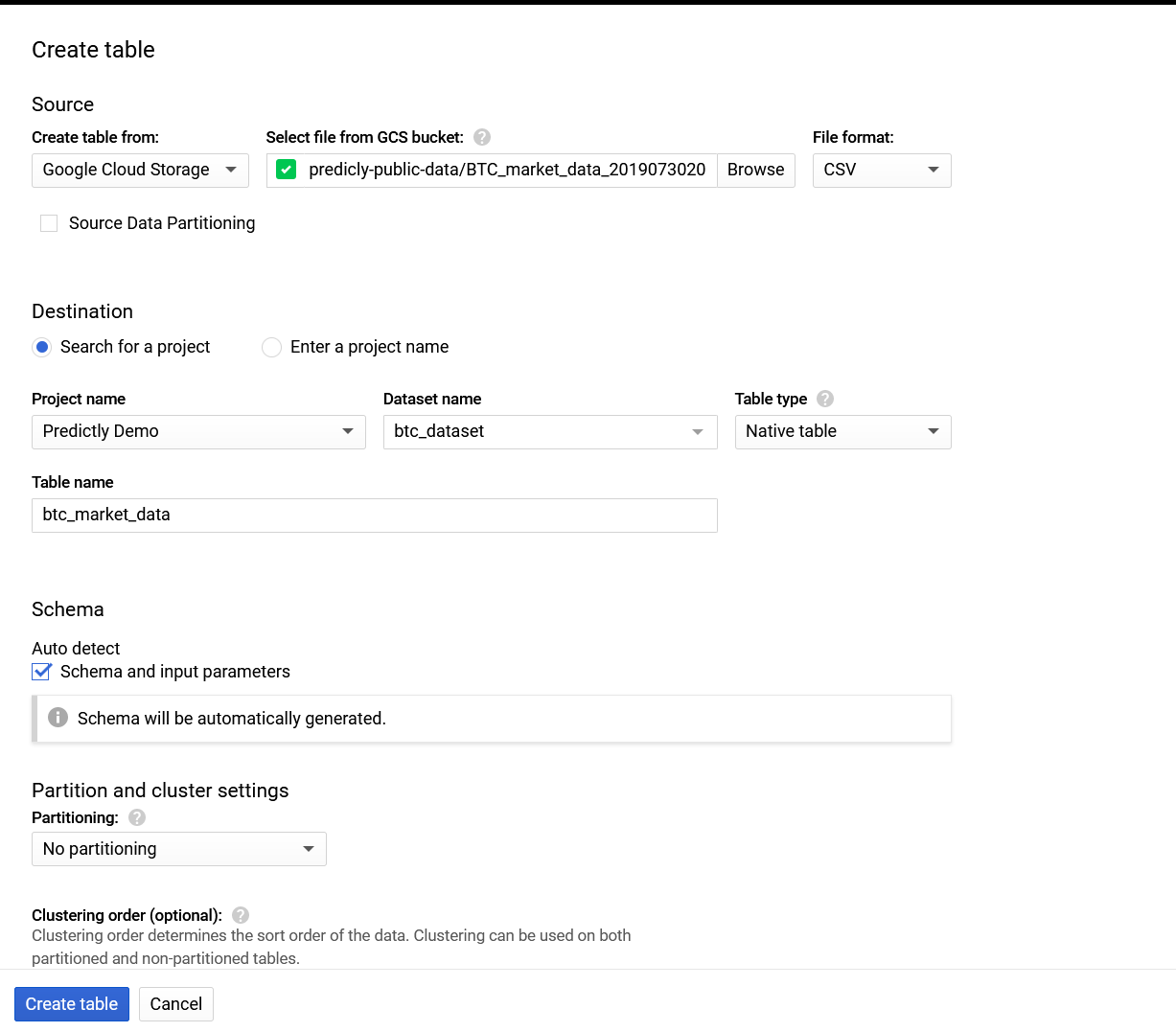 Create table